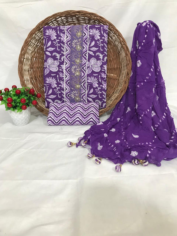 JAIPURI PRINTED COTTON HAND WORK SUITS WITH  BANDHEJ DUPATTA (GOTAYS88)