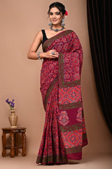 HAND BLOCK PRINT COTTON MULMUL SAREE WITH BLOUSE (CMSYS14)