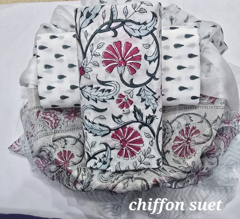 Yuvi Style HAND BLOCK PRINT PURE COTTON SUIT WITH CHIFFION DUPTTA (PCHFYS168)