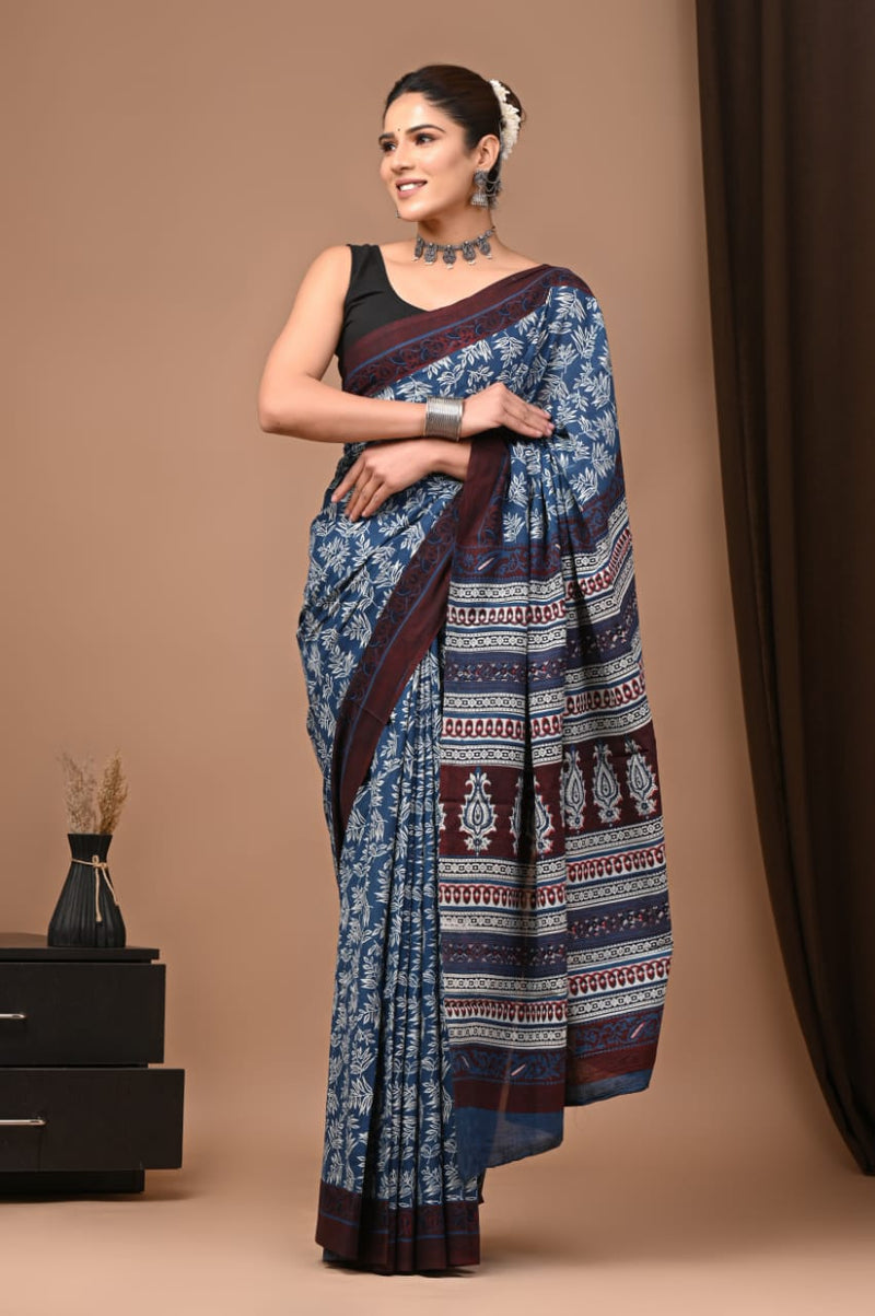 INDIGO HAND BLOCK PRINT  COTTON MULMUL SAREE WITH BLOUSE (CMSYS13)