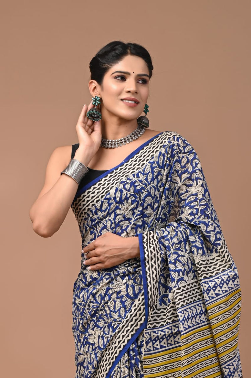 BAGRU PRINT HAND BLOCK PRINT COTTON MULMUL SAREE WITH BLOUSE (CMSYS10)