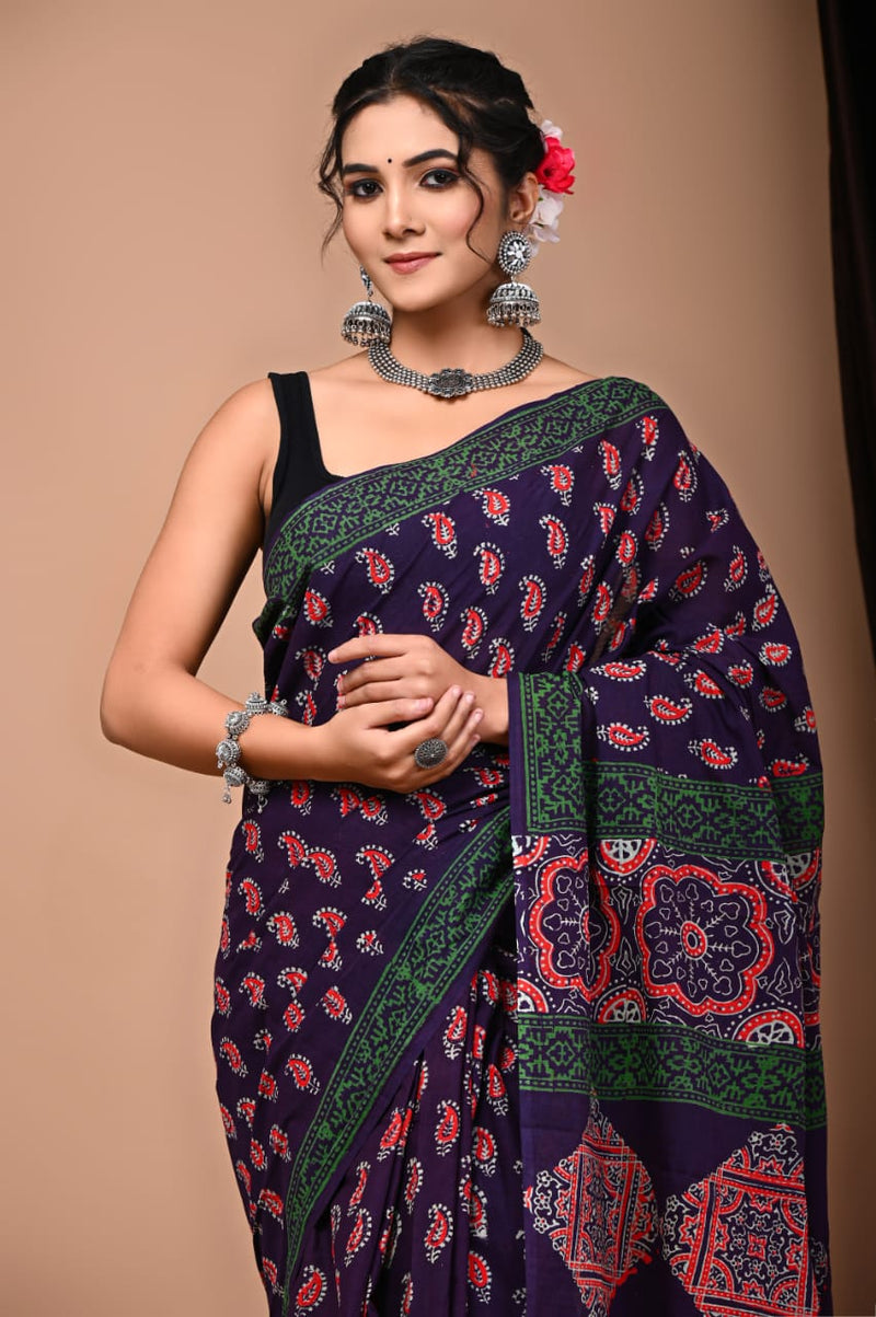 PREMIUM HAND BLOCK PRINT COTTON MULMUL SAREE WITH BLOUSE (CMSYS08)