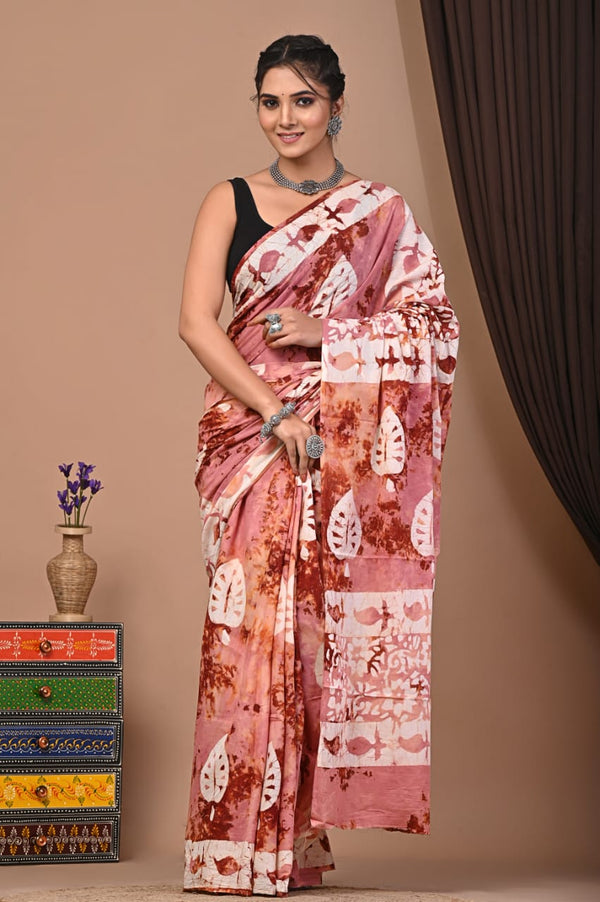 TRADITIONAL HAND BLOCK PRINT COTTON MULMUL SAREE WITH BLOUSE (CMSYS06)