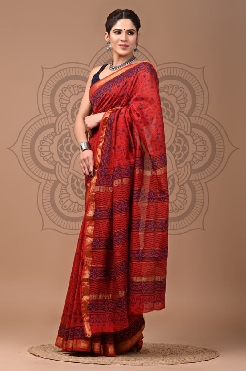 DESIGNER HAND BLOCK PRINTED MAHESWARI SILK SAREE ( MSYS03)