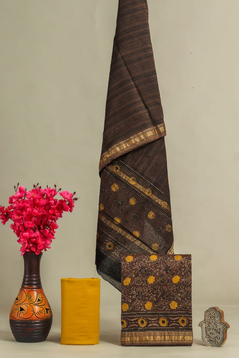 EXCLUSIVE  HAND BLOCK AJRAK PRINT MAHESHWARI SILK SUIT WITH MAHESHWARI SILK (MSLYS94)