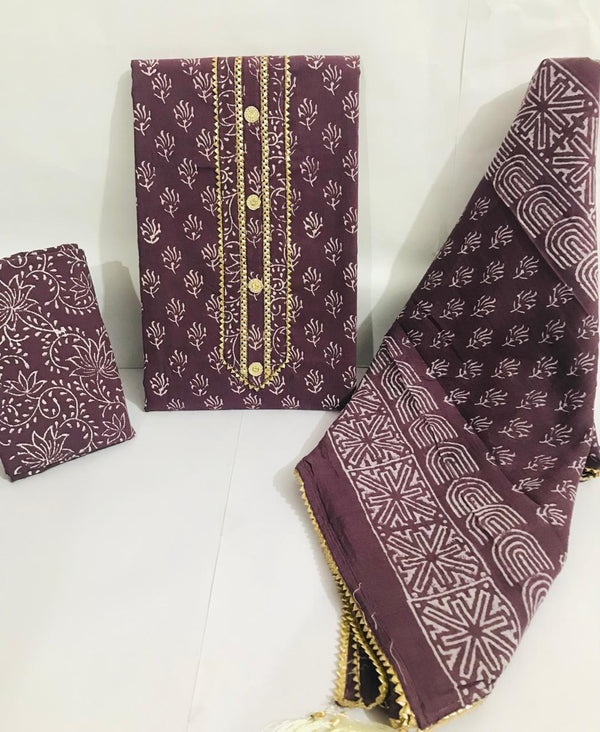 Sanganeri print cotton suit material with cotton dupatta Gotta Tye neck work  (GOTAYS33)