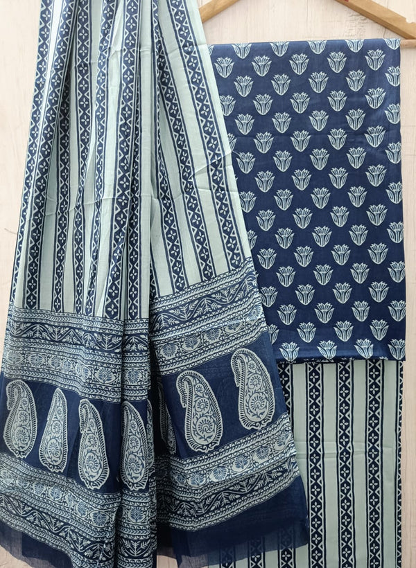 Designer Hand Block Indigo Print Pure Cotton Suit with Mulmul Dupatta (MALYS08)