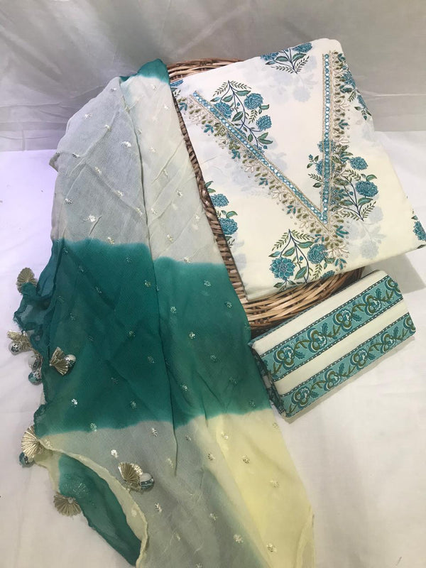 SANGANERI PRINT COTTON SUIT MATERIAL WITH  CHIFFION DUPATTA GOTTA  NECK WORK (GOTAYS110)