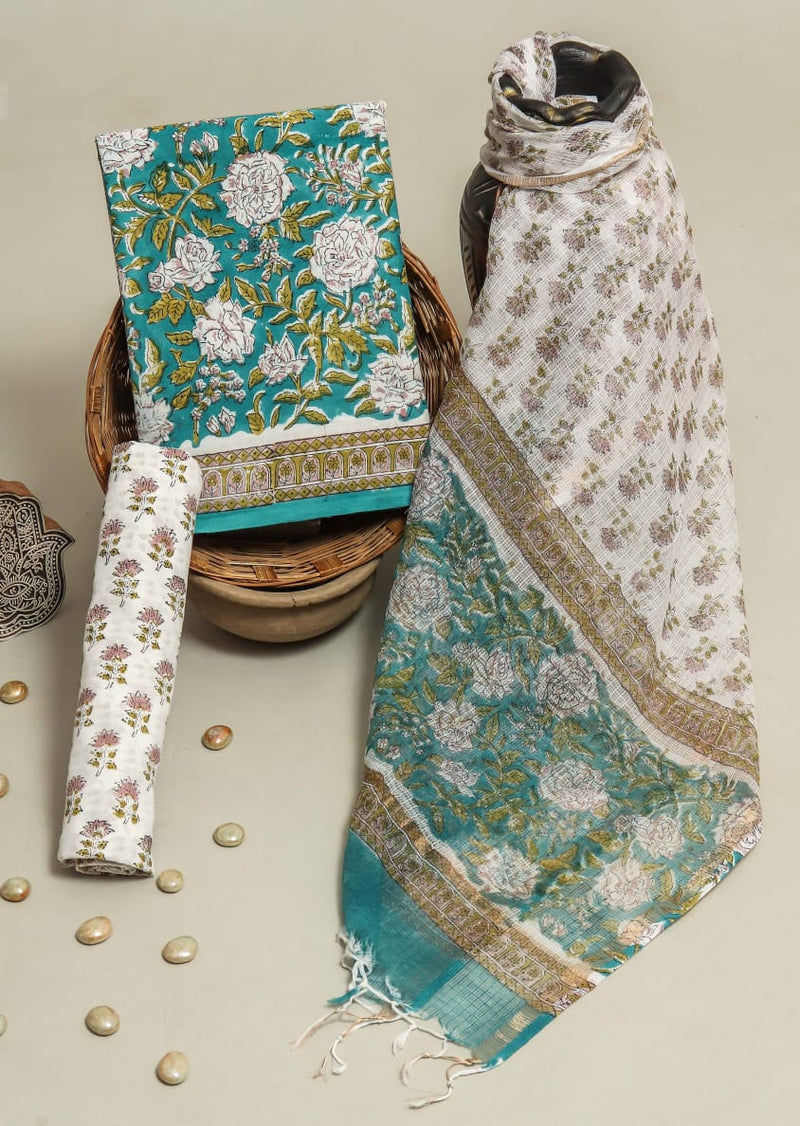 TRADITIONAL HAND BLOCK PRINT PURE COTTON SUIT WITH DORIA DUPATTA(3CKDYS154)