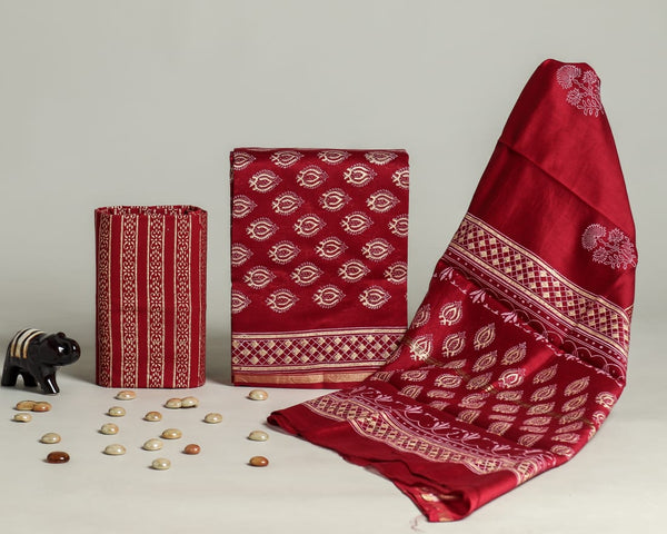 DESIGNER HAND BLOCK PRINT CHANDERI SILK SUIT SET WITH PREMIUM CHANDERI DUPATTA (CHDYS52)