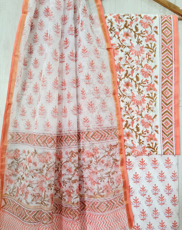 DESIGNER HAND BLOCK PRINT PURE COTTON SUIT MATERIAL WITH KOTA DORIA DUPATTA (3CKDYS79)