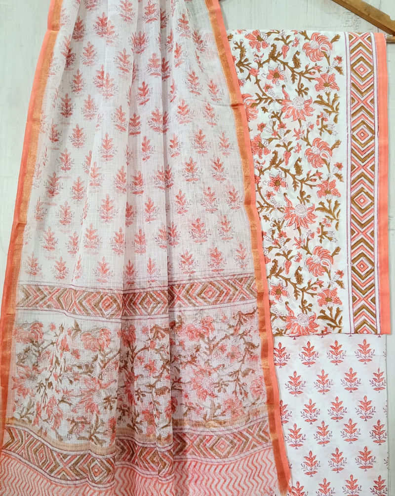 DESIGNER HAND BLOCK PRINT PURE COTTON SUIT MATERIAL WITH KOTA DORIA DUPATTA (3CKDYS79)