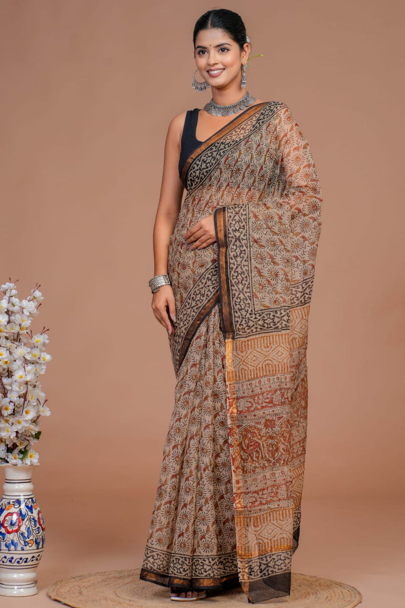 Designer Hand Block Printed Kota Doriya Silk Saree (KDSYS13)