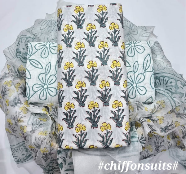 EXCLUSIVE HAND BLOCK PRINT PURE COTTON SUIT WITH CHIFFION DUPTTA (PCHFYS75)