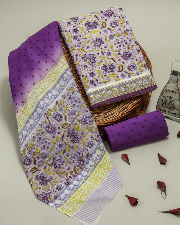 Designer Hand Block Print Pure Cotton Suit with Cotton Mulmul Dupatta (MALYS02)