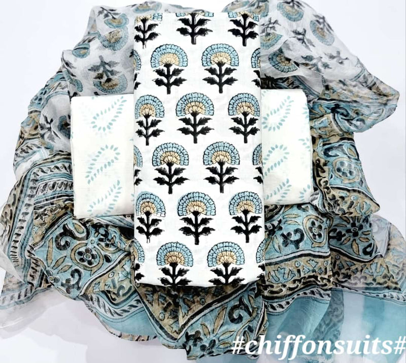 Designer  Hand Block Print  Pure Cotton Suit with Chiffon Dupatta (PCHFYS06)