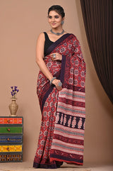 HAND BLOCK PRINT COTTON MULMUL SAREE WITH BLOUSE (CMSYS04)