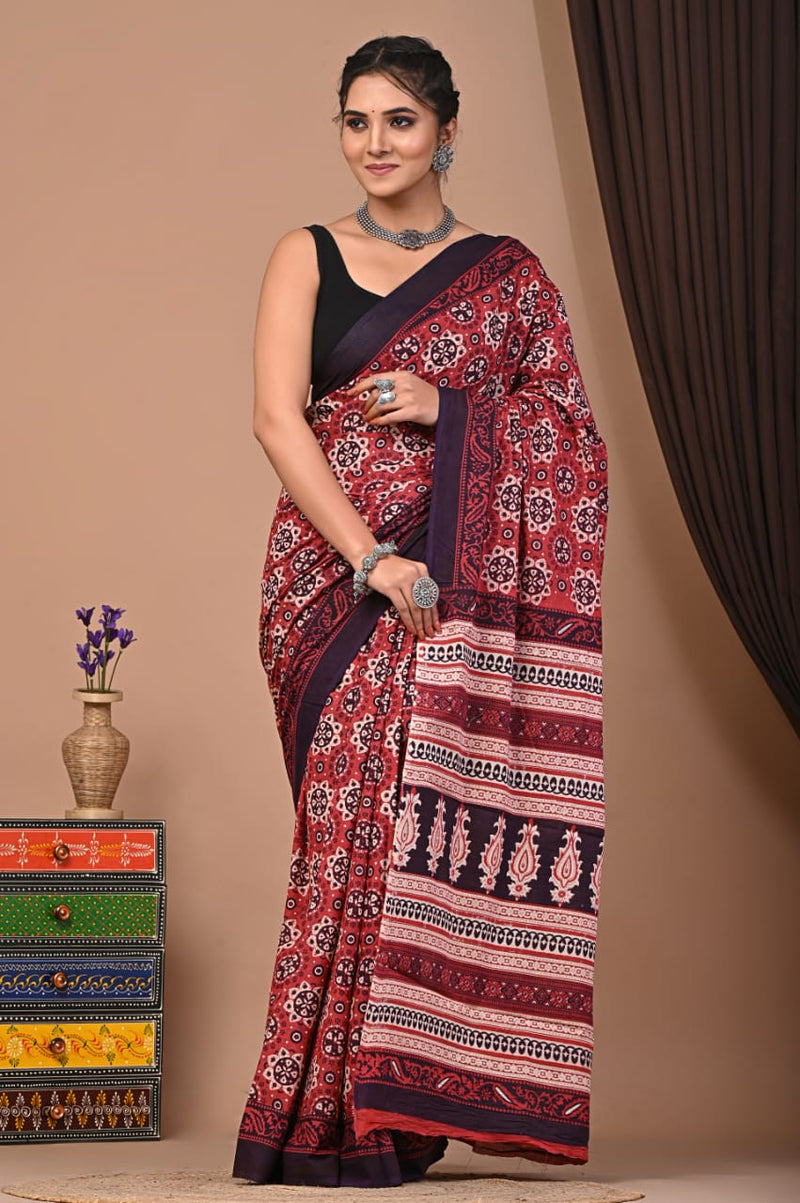 HAND BLOCK PRINT COTTON MULMUL SAREE WITH BLOUSE (CMSYS04)