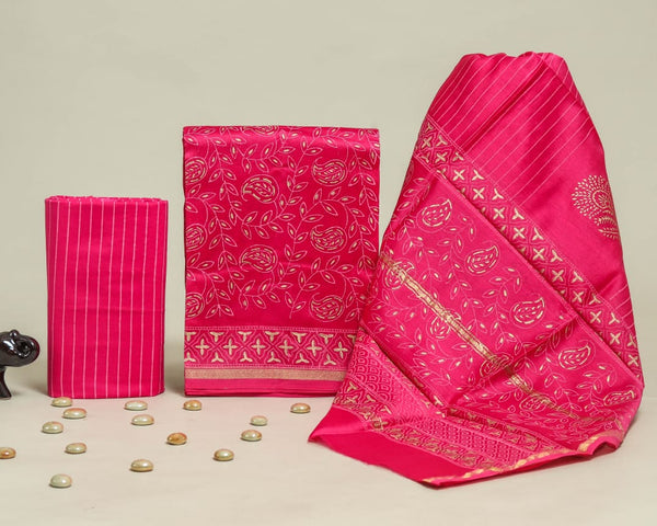 TRADITIONAL HAND BLOCK CHANDERI SILK SUIT SET WITH CHANDERI DUPATTA (CHDYS181)