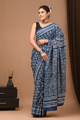 INDIGO HAND BLOCK PRINT COTTON MULMUL SAREE WITH BLOUSE (CMSYS12)