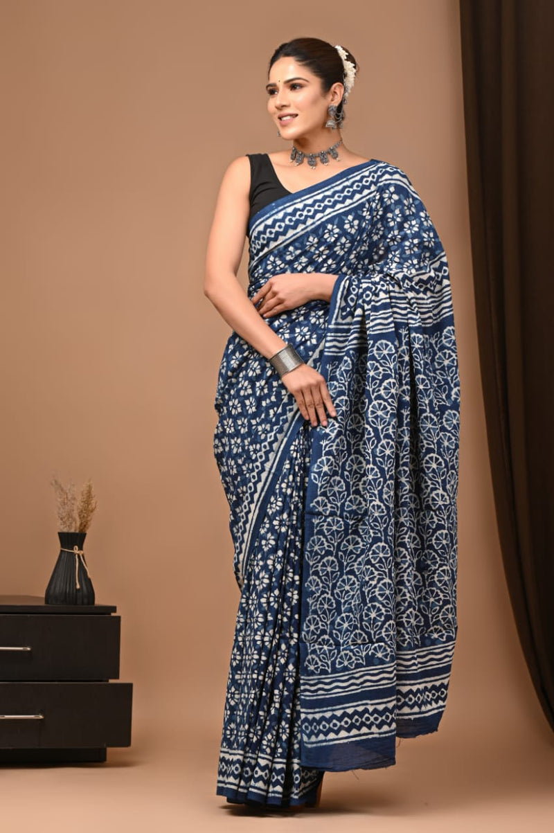 INDIGO HAND BLOCK PRINT COTTON MULMUL SAREE WITH BLOUSE (CMSYS12)