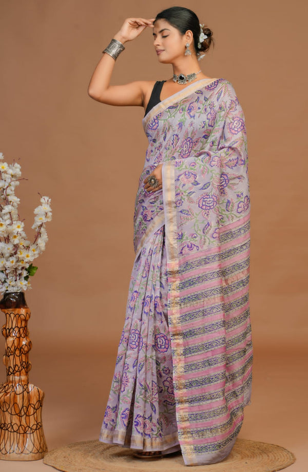 DESIGNER HAND BLOCK PRINTED MAHESWARI SILK SAREE ( MSYS18)