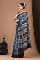 INDIGO HAND BLOCK PRINT  COTTON MULMUL SAREE WITH BLOUSE (CMSYS13)