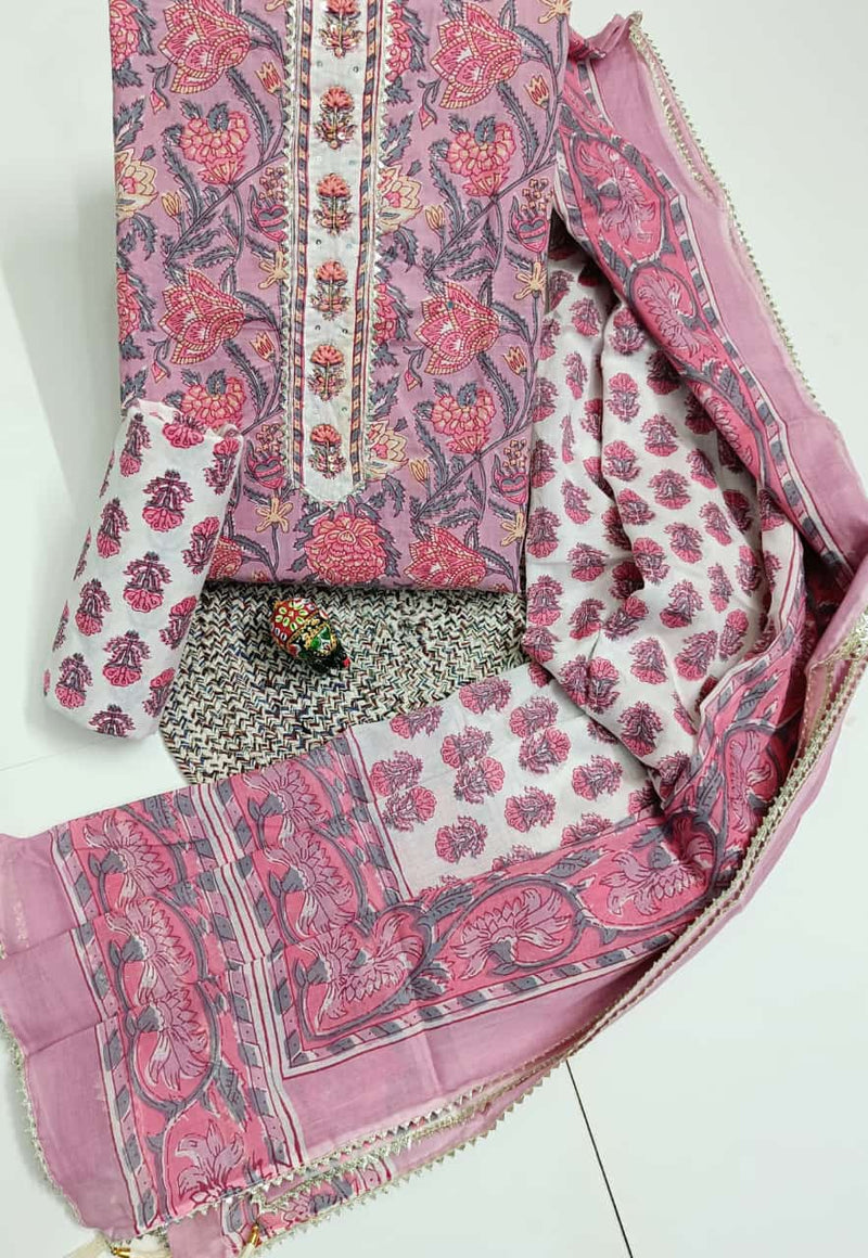 Sanganeri print cotton suit material with cotton dupatta Hand work (GOTAYS116)