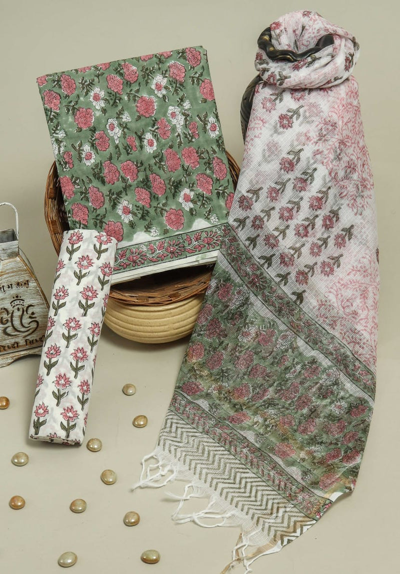 DESIGNER HAND BLOCK PRINT PURE COTTON SUIT MATERIAL WITH KOTA DORIA DUPATTA (3CKDYS76)