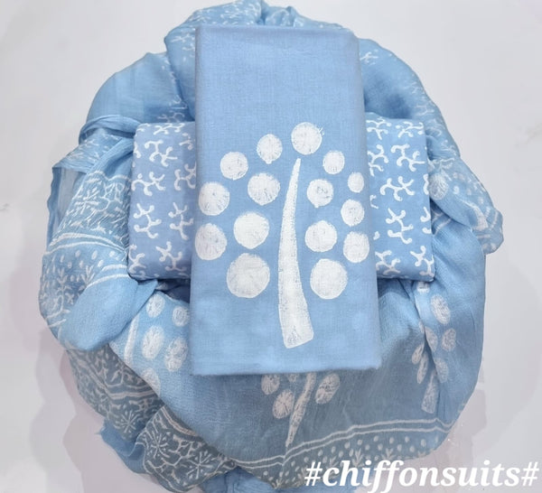 Elegant Hand Block Print Pure Cotton Suit With Chiffion  Duptta (Pchfys66)