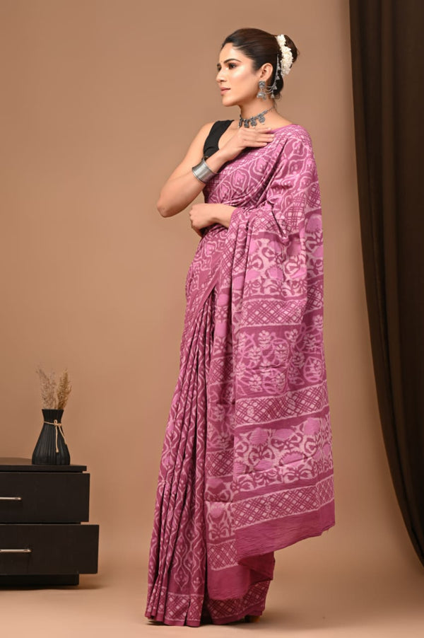 EXCLUSIVE  HAND BLOCK PRINT COTTON MULMUL SAREE WITH BLOUSE (CMSYS09)
