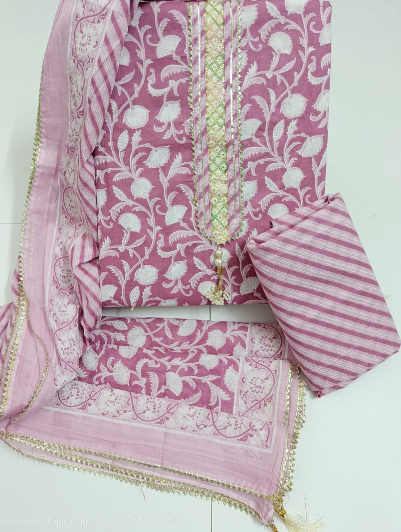 Sanganeri print cotton suit material with cotton dupatta Gotta Tye neck work   (GOTAYS14)