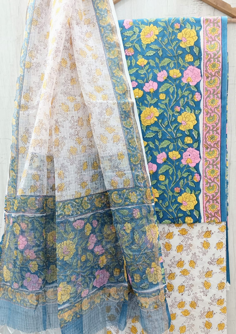 EXCLUSIVE HAND BLOCK PRINT PURE COTTON SUIT WITH KOTA DORIA DUPATTA (3CKDYS99)