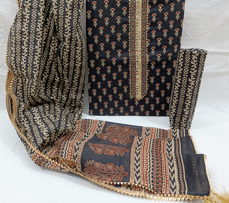 Sanganeri print cotton suit material with cotton dupatta Gotta Tye neck work  (GOTAYS11)