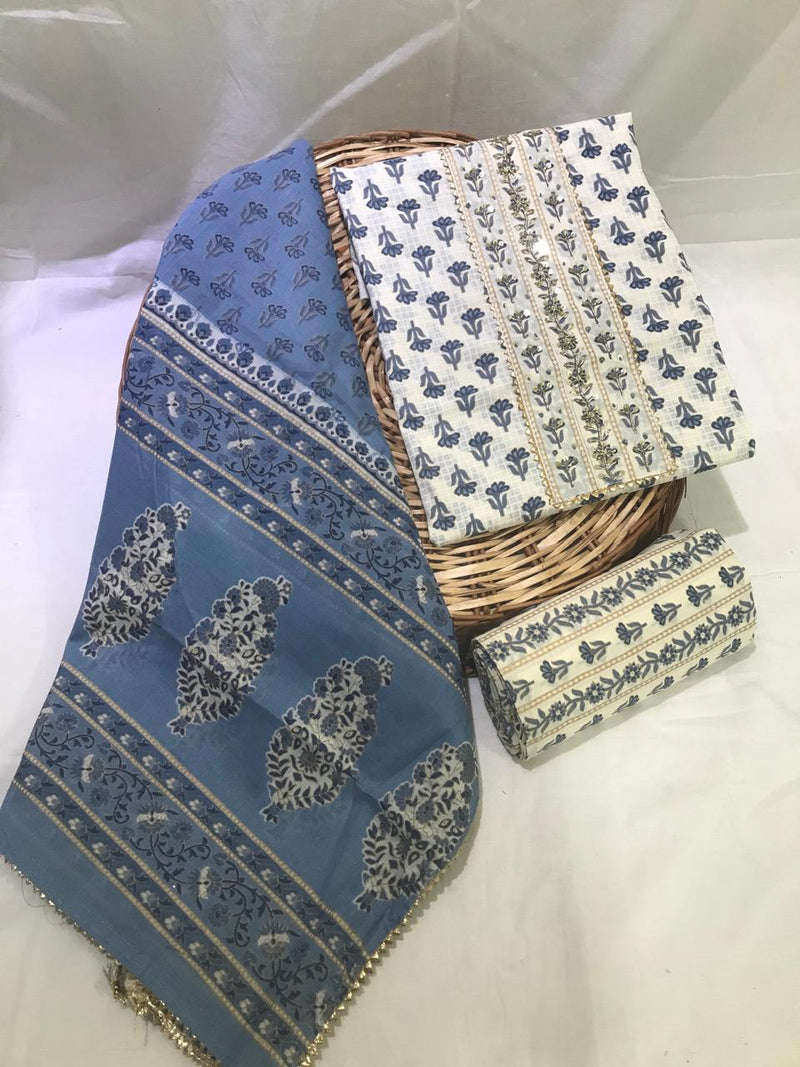 SANGANERI PRINT COTTON SUIT MATERIAL WITH COTTON DUPATTA WITH GOTA HAND WORK (GOTAYS77)