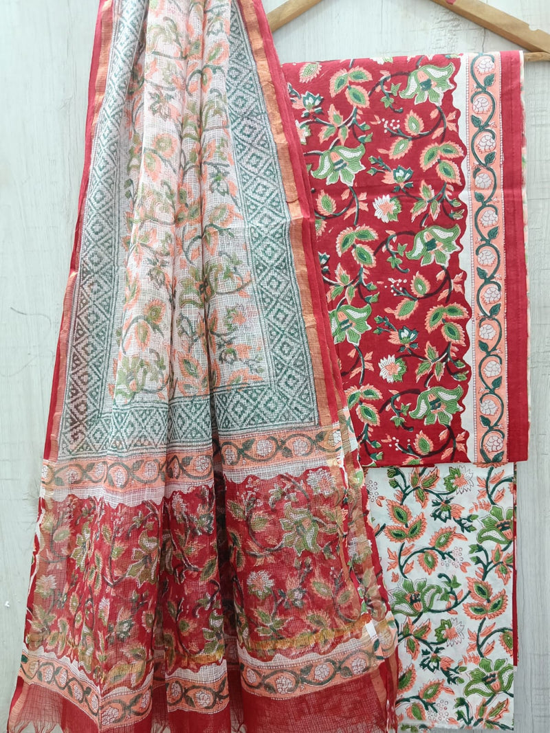 Designer Hand Block Print Pure Cotton Suit Material with Kota Doria Dupatta(3CKDYS14)