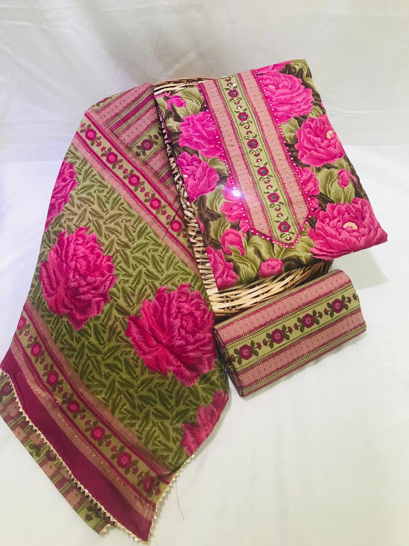 SANGANERI PRINT COTTON SUIT MATERIAL WITH COTTON DUPATTA GOTTA  NECK WORK (GOTAYS112)