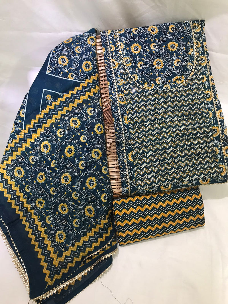 SANGANERI PRINT COTTON SUIT MATERIAL WITH CHIFFION DUPATTA GOTTA NECK WORK (GOTAYS127)