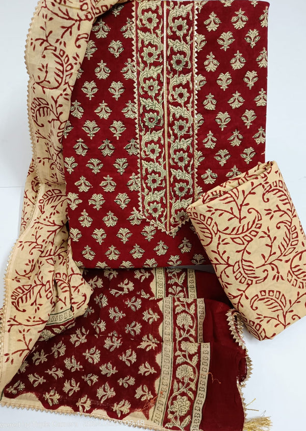 Sanganeri print cotton suit material with cotton dupatta Gotta Tye neck work   (GOTAYS15)