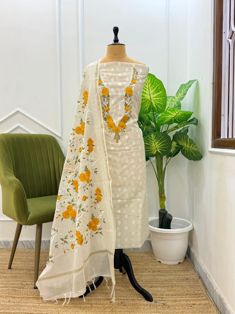 EXCLUSIVE BANARASI WHITE WITH YELLOW EMBROIDERY SUIT (BWCECS03)