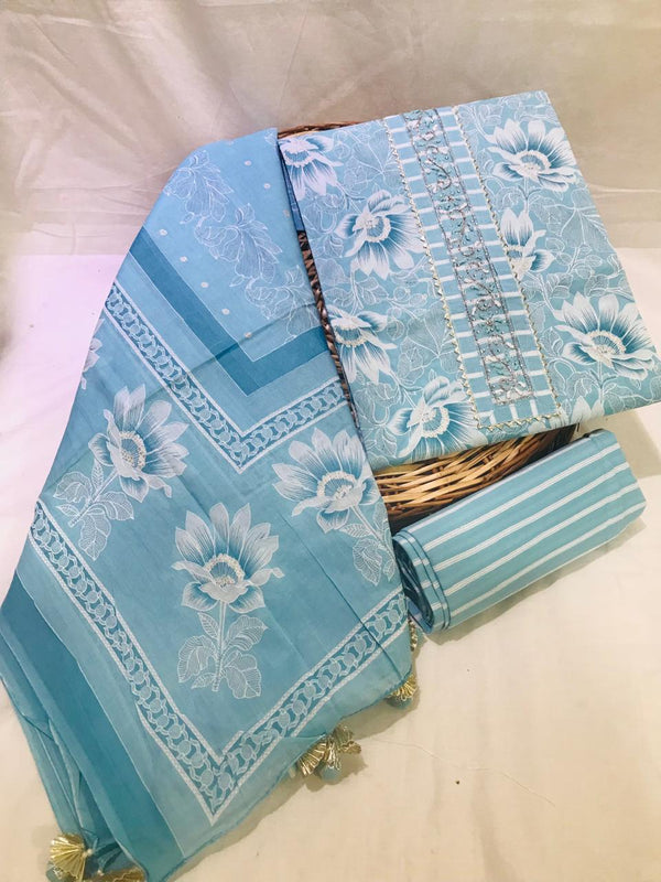 SANGANERI PRINT COTTON SUIT MATERIAL WITH COTTON DUPATTA GOTTA NECK WORK (GOTAYS114)