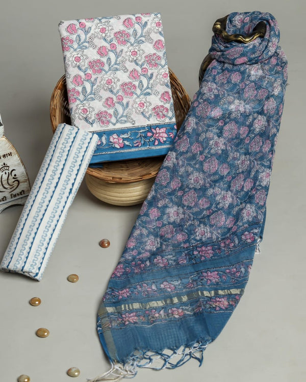 FLORAL HAND BLOCK PRINT PURE COTTON SUIT WITH DORIA DUPATTA(3CKDYS274)