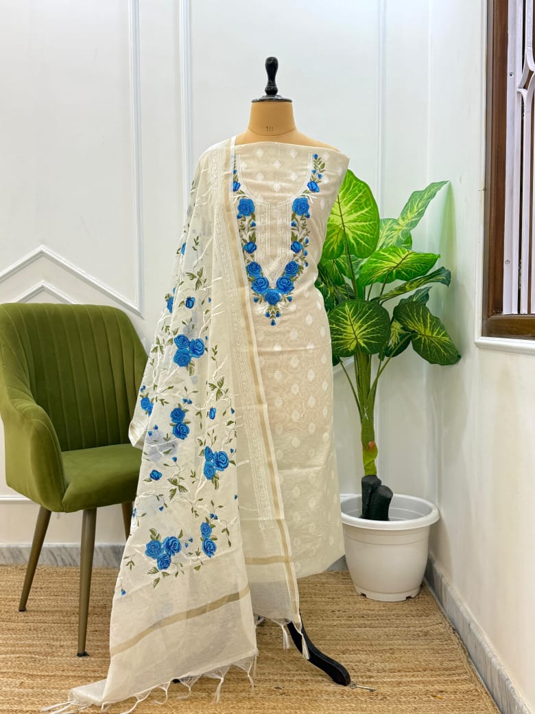 EXCLUSIVE BANARASI WHITE WITH  BLUE EMBROIDERY SUIT (BWCECS04)