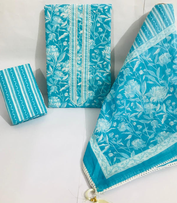 Sanganeri print cotton suit material with cotton dupatta Gotta Tye neck work   (GOTAYS14)