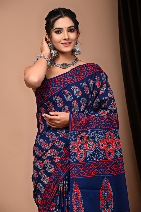 EXCLUSIVE  HAND BLOCK PRINT COTTON MULMUL SAREE WITH BLOUSE (CMSYS09)