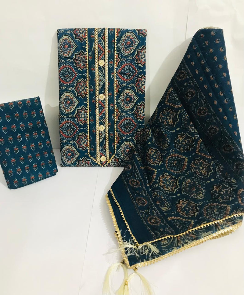 Sanganeri print cotton suit material with cotton dupatta Gotta Tye neck work   (GOTAYS23)