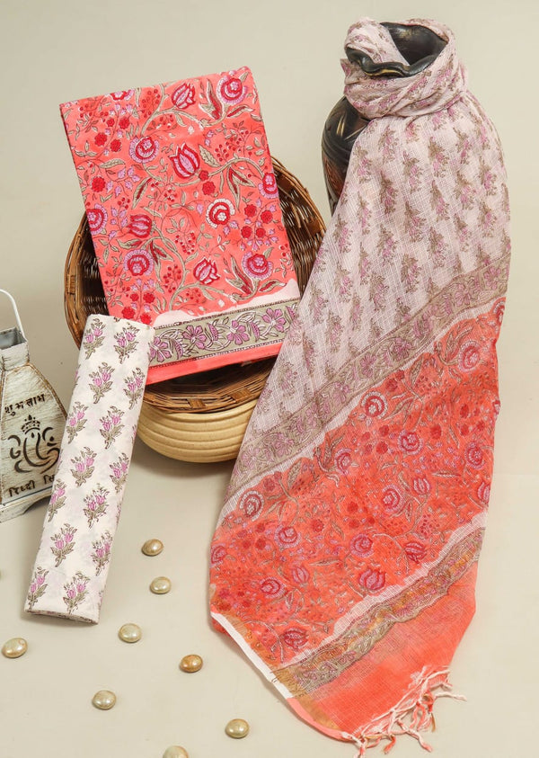 DESIGNER HAND BLOCK PRINT PURE COTTON SUIT WITH KOTA DORIA DUPATTA (3CKDYS101)