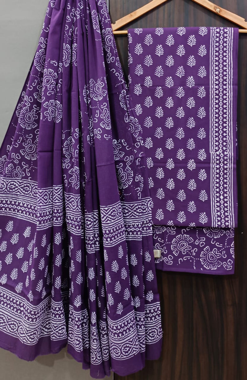 Designer Hand Block Indigo Print Pure Cotton Suit with Mulmul Dupatta (MALYS08)