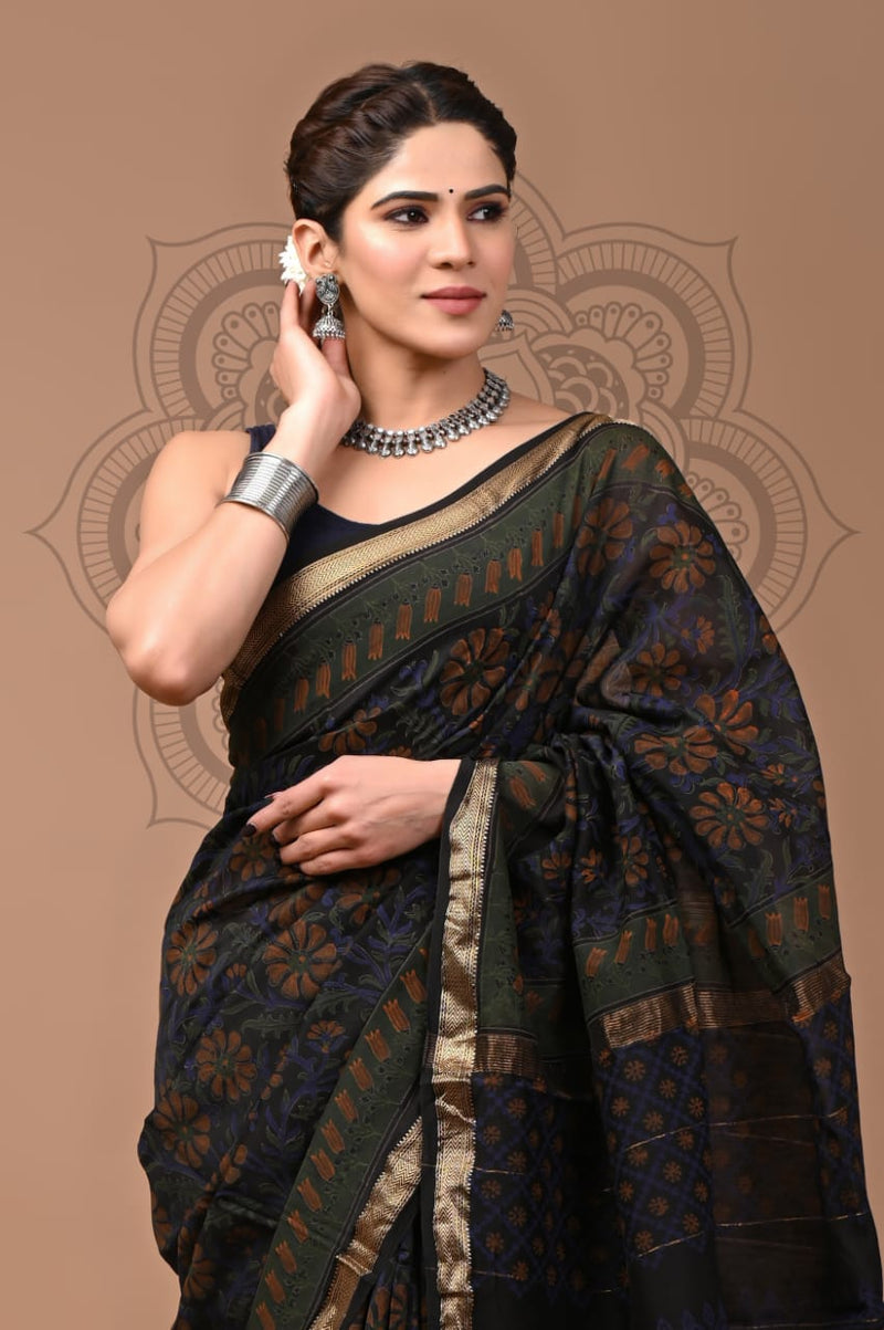 YUVI STYLE  AJRAK PRINT MAHESHWARI SILK SAREES (MSYS53)