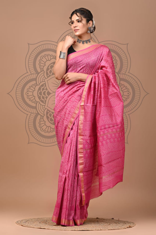 DESIGNER HAND BLOCK PRINTED MAHESWARI SILK SAREE ( MSYS07)